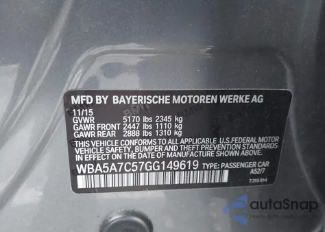 2016 BMW 528I xDrive from USA, damaged, VIN WBA5A7C57GG149619
